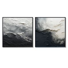 two black and white paintings on a wall with clouds in the sky above them, one is