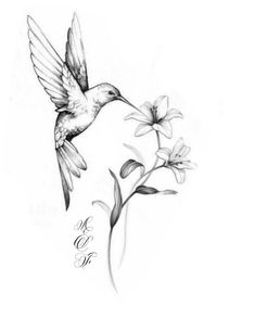 a hummingbird flying over some flowers with the word love on it's side