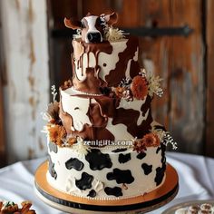 a three tiered cake decorated with brown and white cow pattern frosting on top of a wooden table