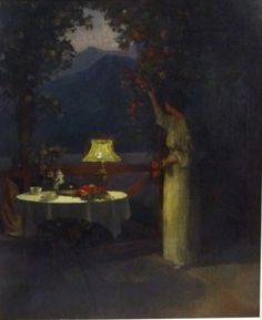 a painting of a woman standing in front of a table with flowers on it and a lamp