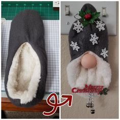 two pictures side by side one has a christmas hat and the other has a pair of slippers