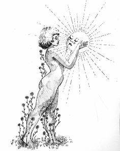 an ink drawing of a naked man holding a sunburst in his hand and looking at it