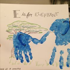 a child's handprint with an elephant and tree on it that says e is for elephant