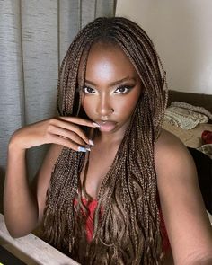 Small Box Braids With Wavy Ends, Brown Braids For Black Women Dark Skin, Yellow Braids For Black Women, Hair That Matches Skin Tone, Black Braids With Brown Highlights, Ash Brown Braids, Colored Box Braids For Black Women, Colored Box Braids On Dark Skin, Dark Skin Blonde Braids