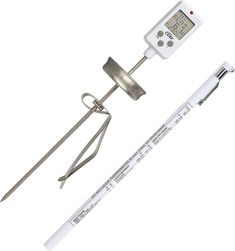 an electronic thermometer and needle on a white background