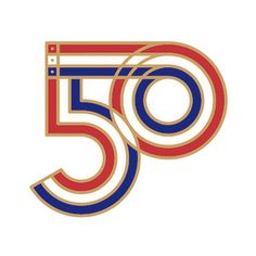 the 50th anniversary logo is shown in red, white and blue on a white background