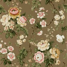 an old fashioned wallpaper with flowers and leaves on brown background, as well as pink roses