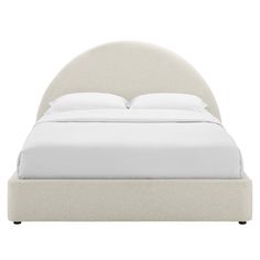 a bed with white linens and pillows on top of the headboard, in front of a white background