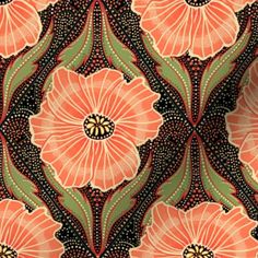 an orange and black floral design with dots on it's center, in the middle of