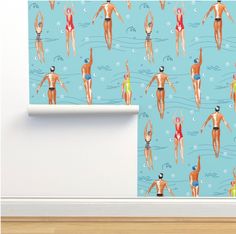 a wallpaper with people swimming in the water and wearing swimsuits, on a blue background