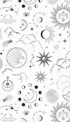 the sun, moon and stars are drawn in black and white ink on a sheet of paper