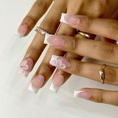 Square White Nails Design, French Tips Styles, Almond Pink Flower Nails, Nails One Finger Design, Barbados Nail Design, French Tip With Small Design, White Tip Acrylic Nails With Design, French Tip Acrylic Nails With Flower, Pink French Tip With Flowers