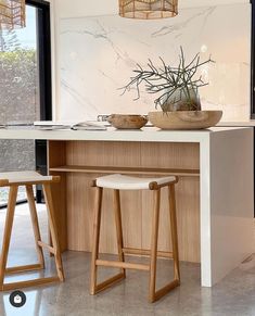 two stools in front of a counter with a potted plant sitting on it