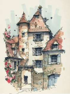 a watercolor painting of a house with roses growing out of the windows