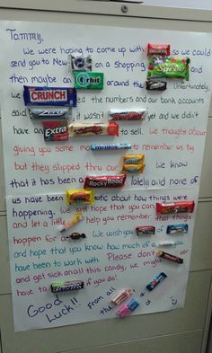 a bulletin board with candy bars on it