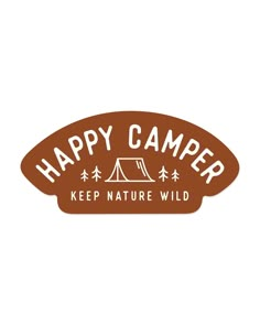 the happy camper logo is brown and white