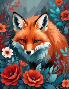 a painting of a fox surrounded by flowers