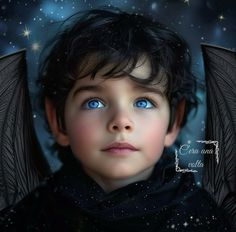 a young boy with blue eyes and wings