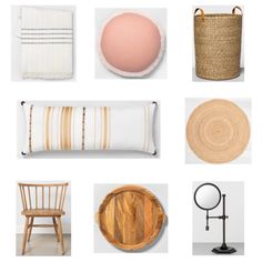 a collage of different items including a chair, pillow and other things on display