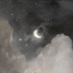 the night sky is full of stars and clouds, with a half moon in the distance