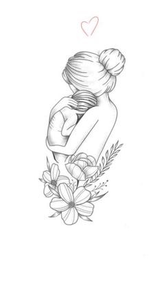 a drawing of two people hugging each other with flowers in the foreground and a heart above them