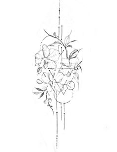 a black and white drawing of flowers on a branch with letters in the middle that spell out i love you