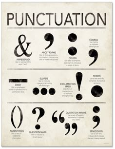 a poster with different types of punctuals and their meanings in black ink