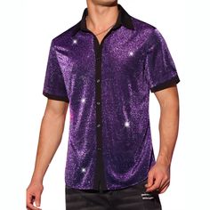 This stylish short-sleeved button-down shirt features a sheer mesh design with a shiny pattern that exudes charm and fashion. The see-through quality adds a touch of charm, making it a perfect choice for various occasions such as weddings, clubbing, or late-night outings. Pair this unique shirt with sleek leather pants to elevate your look. Unlike ordinary shirts, the contrasting color design of this shiny shirt adds a fashionable twist to your ensemble. Get this trend of metallic shirts as they Fearless Tour, Mardi Gras Outfits, Glitter Shirt, Mesh Shirt, Stylish Party, Charm Making, Unique Shirt, Mesh Design, Casual Streetwear