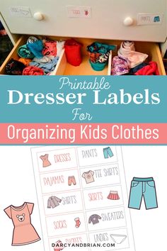 Teach kids the importance of organization and help them keep their closets tidy with these printable dresser labels. Featuring cute illustrations and categories like shirts, pants, and pajamas, these labels can make getting dressed in the morning a breeze for children. It's also a great opportunity to practice reading and matching skills while teaching responsibility and independence. Organizing Kids Clothes, Dresser Labels, Labels For Organizing, Clothing Drawer, Simple Dresser, Kids Clothes Organization, Teaching Responsibility, Clothes Simple, Drawer Labels