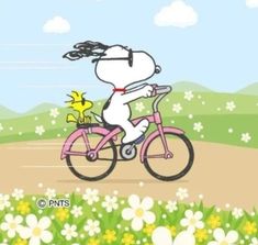 a cartoon dog riding a pink bike in the grass