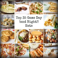 the top 5 game day and night eats are featured in this collage with images of food