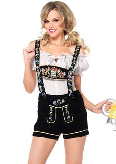 PRICES MAY VARY. Let's all raise a glass to the enchanting beauty of the Leg Avenue Edelweiss Lederhosen Costume. This Oktoberfest cutie costume set includes stretchy velveteen lederhosen with embroidered bib suspenders and matching peasant top Take this Bavarian beauty look to new heights with the authentic bib suspender with embroidered patterns and contrasting piping Get extra flirty with the matching off the shoulder peasant top with busty tie top and button up front Small fits size 4-6, Med Oktoberfest Halloween Costume, Lederhosen Costume, Beer Girl Costume, White Peasant Top, Oktoberfest Costume, German Outfit, Beer Girl, Queen Costume, Costume Store