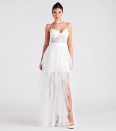 Dial up your inner bombshell in the ravishing Ashlie formal dress to make a dramatic entrance as a sexy bride or a black-tie gala guest! She features a sleeveless sweetheart neck, adjustable spaghetti straps, a sheer lace corset bodice, short skirt lining, sassy sheer mesh ruffled overlay and a high side slit design. Bachelorette Las Vegas, Corset Ruffle Dress, Long Hoco Dresses, Wedding Lace Dress, Short Skater Dress, Flowy Dress Long, Mermaid Style Dress, Prom Dress Shoes, Homecoming Outfits