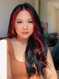 Red Front Hair Streak, Black Hair With 2 Red Strands, Red Hair In Front Of Hair, Colored Front Hair Streaks, Black Hair With Red Face Frame, Black With Red Front Pieces Hair, Red Front Strands Hair, Front Hair Dyed Red, Black And Red Color Block Hair