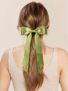 Green Hair Ribbon, Pink Green Hair, Ribbon Ponytail, Bow Hairstyle, Ribbon Hairstyle, Bows Hair, Hair Ribbon, Green Bows, How To Make Ribbon