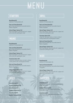 a menu with palm trees in the background