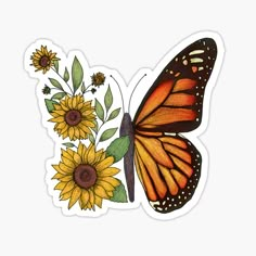 an orange butterfly and sunflowers sticker