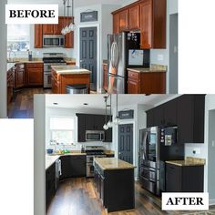 before and after pictures of a kitchen remodel with dark wood cabinets, stainless steel appliances and granite counter tops