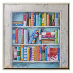 a painting of bookshelf with many different colored books on the shelves and one is empty