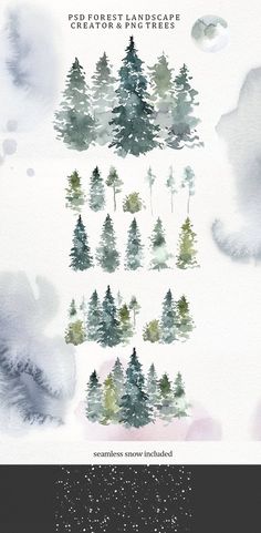 watercolor trees are shown in different colors and sizes, with the words forest landscape creator