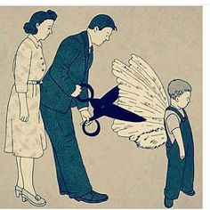 a drawing of a man holding an umbrella next to a woman and a child, with the caption don't let anyone stop you from dreaming