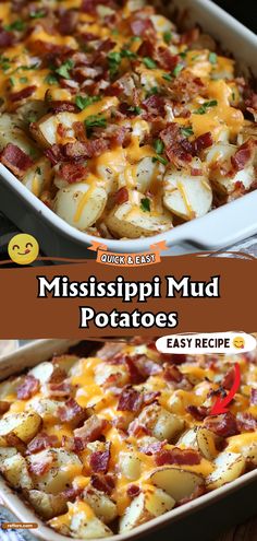 the casserole dish is loaded with potatoes and bacon, then topped with cheese