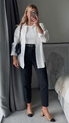 White Button Up Work Outfit, Oversized White Shirt Outfit Work, Silk Button Down Shirt Outfit Work, Office Basics Wardrobe, Easy Corporate Outfits, Business Casual Outfits Pa School, Satin Button Down Shirt Outfit Work, Work Outfits No Jeans, Two Tone Shoes Outfits