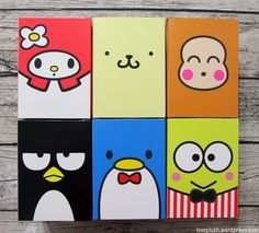 four different colored cards with cartoon characters on them