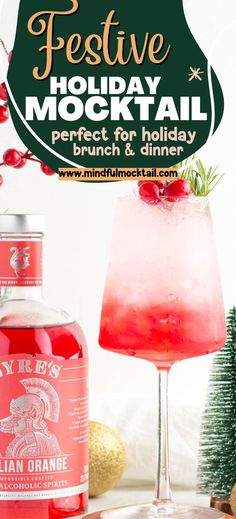 a bottle of holiday mocko next to a glass filled with ice and cranberry