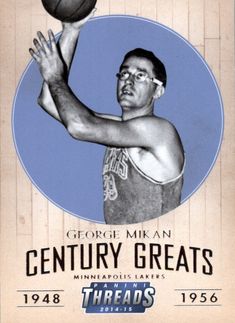 an advertisement for a basketball game featuring a man holding a ball in his hand and the words, george mik an century greats