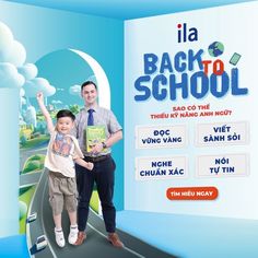 a man and boy are standing on a road with the back to school sign in front of them