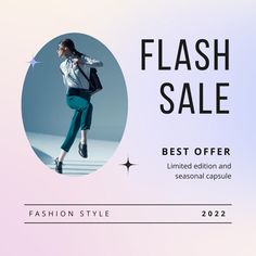 a woman in blue pants and white shirt is featured on the flash sale flyer for women's clothing