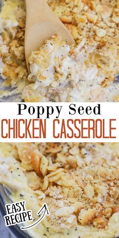 poppy seed chicken casserole in a pan with a wooden spoon