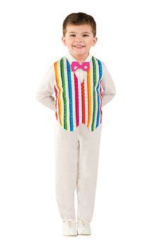 a young boy wearing a rainbow striped vest and bow tie with his hands on his hips